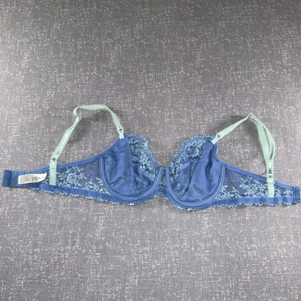 Wacoal Bra Womens 34D Blue Lace Balconette Underwire Unlined Sheer Floral 65191